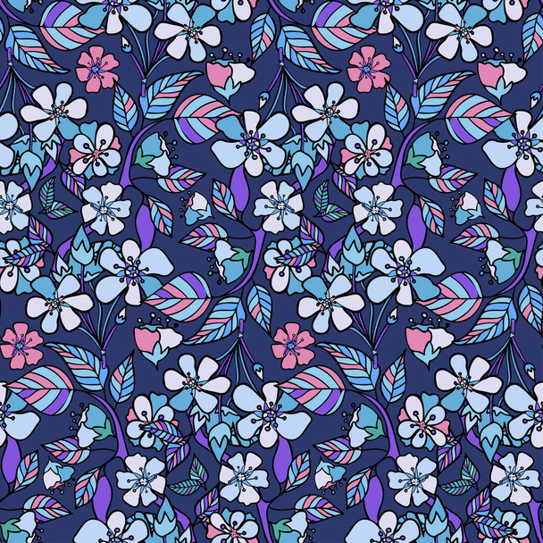 Vector nahtloses Muster buntes Design von abstrakt gefütterten Blumen in Blautönen - Vektor, Bild