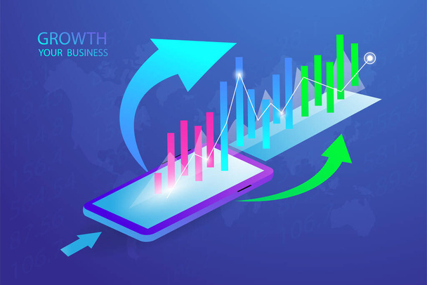 青い背景に株式市場の投資取引のビジネスキャンドルスティックグラフ。強気ポイント、グラフのトレンドアップ。経済ベクトルデザイン. - ベクター画像