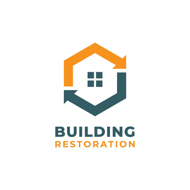 Diseño de plantilla de logotipo de restauración de edificios. Logotipo de recuperación de daños con flecha circular. - Vector, imagen
