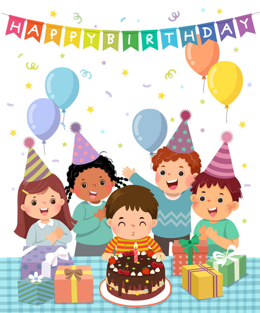 Illustration vectorielle dessin animé d'un heureux groupe d'enfants s'amusant à la fête d'anniversaire. Petit garçon soufflant bougie sur gâteau d'anniversaire. - Vecteur, image