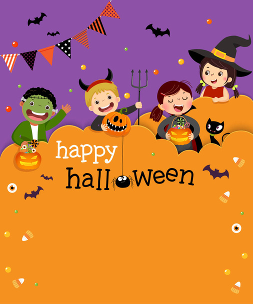 Halloween feest uitnodiging sjabloon kaart met kinderen in Halloween kostuums in papier gesneden stijl - Vector, afbeelding