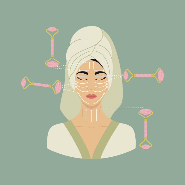 Gezichtsmassage richting infographic. Portret van jonge Aziatische vrouw met gesloten ogen in handdoek op het hoofd met rozenkwarts gezicht roller. Hoe doe je gua sha massage. Handgetekende vectorillustratie.  - Vector, afbeelding