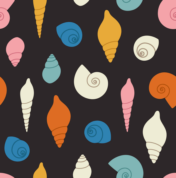Seamless pattern of colored seashells. Concept of ocean flora and fauna, marine and underwater life, summertime. Colored vector illustration, isolated on black. - Vector, afbeelding