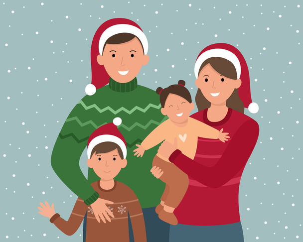 Happy New Year and Merry Christmas. Happy family at Christmas. Vector illustration in a flat style - Vector, afbeelding