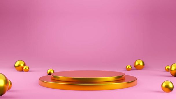 Gold metallic Mock Up Stand Template with golden sphere on pink background for Product Advertising and Commercial, 3D rendering. - Photo, Image