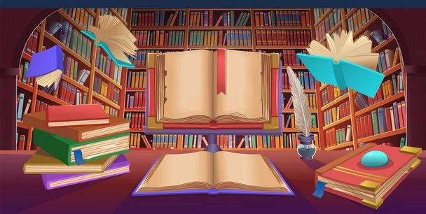 Library book shelves with flying books, stack of books, old open book, cartoon vector illustration. - Vector, Image