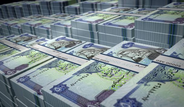 Emiratos Árabes Dirhams paquete de dinero 3d ilustración. 500 pilas de billetes AED Dubai. Concepto de finanzas, efectivo, crisis económica, éxito empresarial, recesión, banca, impuestos y deuda. - Foto, Imagen