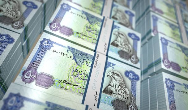Emiratos Árabes Dirhams paquete de dinero 3d ilustración. 500 pilas de billetes AED Dubai. Concepto de finanzas, efectivo, crisis económica, éxito empresarial, recesión, banca, impuestos y deuda. - Foto, Imagen