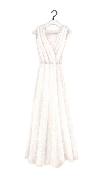 Watercolor wedding wedding dress illustration. Hand painted simple elegant white bridal gown hanging on hanger isolated on white. Wedding outfit for cards, shops, atelier, invitations. - Photo, Image