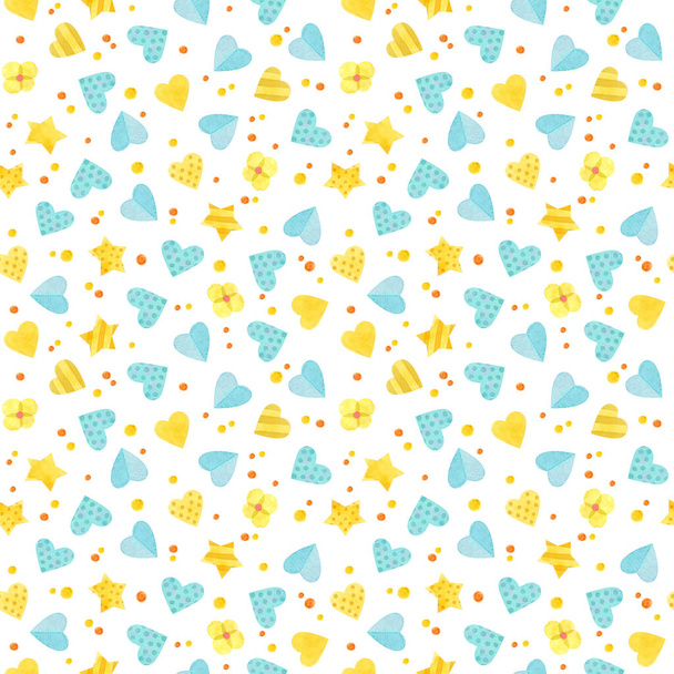 Seamless pattern with yellow and blue hearts and stars. Cute watercolor clipart for children's party decoration, baby showers. Seamless backdrop on white background - Photo, Image