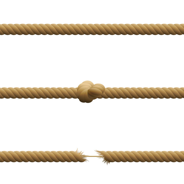 Мотузки - неушкоджені, з вузлом і висять ниткою з обрізаними натягнутими кінцями, що тримаються між собою тонкою ниткою. Ізольовані Векторні ілюстрації на білому тлі
. - Вектор, зображення