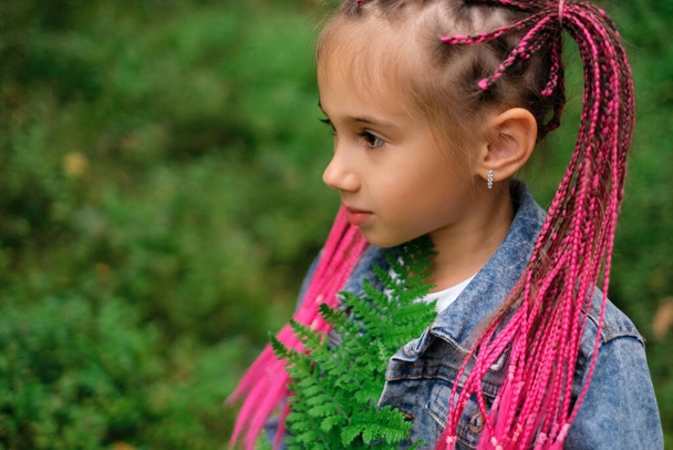 Une petite fille avec des Afro-pigtails réunis dans une queue tient une feuille de fougère dans la nature dans la forêt à l'extérieur. Coiffure hippie. Tresses roses colorées avec brins entrelacés de kanekalon. Regarde ailleurs. zizi - Photo, image