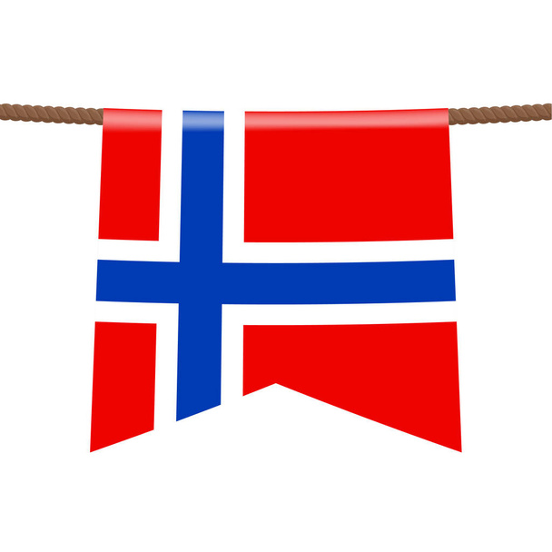 Norveç ulusal bayrakları ipte asılı. Halatta asılı duran flamanın içindeki ülkenin sembolü. Gerçekçi vektör illüstrasyonu. - Vektör, Görsel