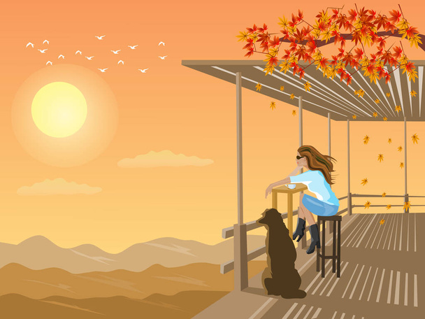 Жінка і собака дивляться на захід сонця в бамбуковому сараї на горі з заходом сонця на задньому плані
. - Вектор, зображення