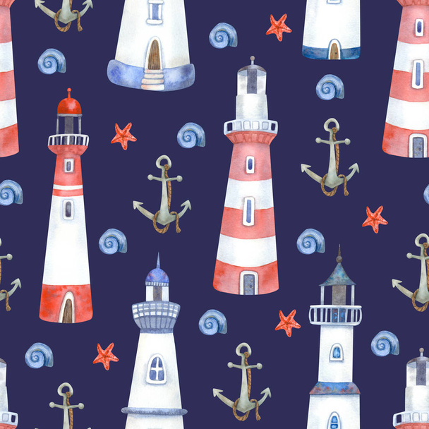 Watercolor seamless pattern with  lighthouses and anchor on navy blue. Beautiful textile print. Great for fabrics, wrapping papers, wallpapers, playrooms, kids clothes. Hand painted illustration - Fotó, kép