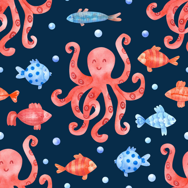 Watercolor seamless pattern with smiling octopuses, pearls and colorful  fish on navy blue background. Underwater life hand painted illustration. Beautiful textile kids print.  - Fotografie, Obrázek