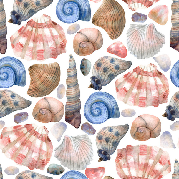 Beautiful seamless pattern with seashells. Hand painted watercolor illustration on white background. Great for fabrics, wrapping papers, covers. Ocean and sea theme. - Fotó, kép