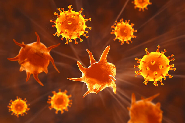Coronavirus et plaquettes Covid-19, ou thrombocytes, cellules sanguines responsables de la formation de caillots, illustration 3D conceptuelle. Complications de la coagulation sanguine de la COVID-19 et vaccination - Photo, image