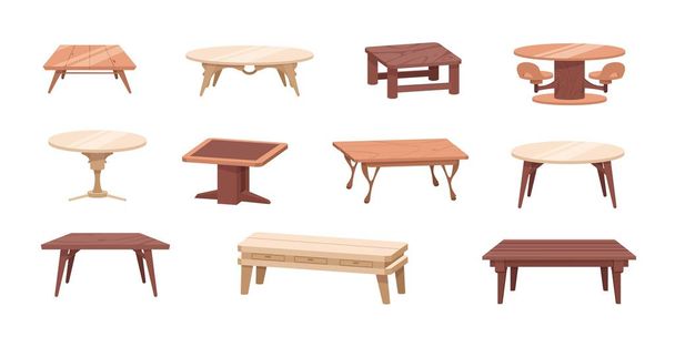 Fából készült asztal. Rajzfilm belső és külső bútorok. Antik és modern asztali sablonok. Elszigetelt házikészlet. Vektortér vagy kerek üres konyhaasztal fából - Vektor, kép