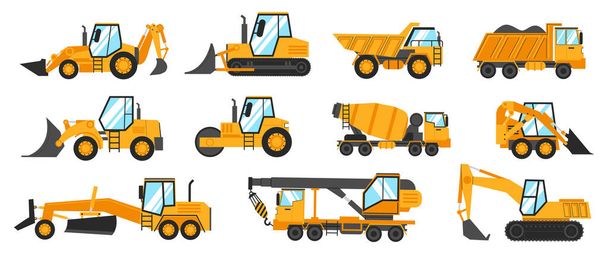 Camiones de construcción. Vehículos industriales pesados para excavación, minería, elevación y transporte. Transporte de edificios. Excavadora de grúas y niveladora. Camión de trabajo amarillo. Conjunto de maquinaria vectorial - Vector, Imagen