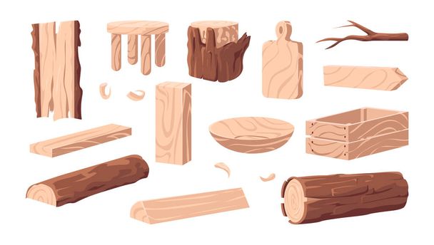 Productos de madera. Madera de madera de dibujos animados. Plank y tocones. Carpintería industria madera colección de materiales forestales. Caja y taburete. Platos tallados a mano. Conjunto de elementos artesanales vectoriales - Vector, Imagen