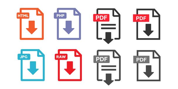 Ikona stažení souboru PDF. Text dokumentu, informace o formátu symbolu. Ikona dokumentu nastavena - Vektor, obrázek