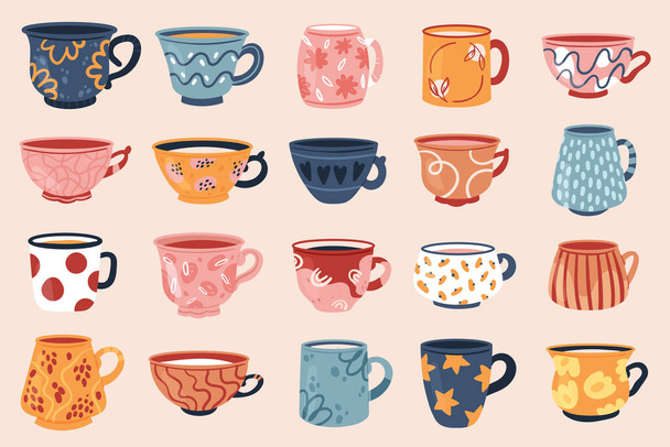 Чай кофе винтажный набор чашки, винтажная коллекция чашки для английской послеобеденной чайной церемонии - Вектор,изображение