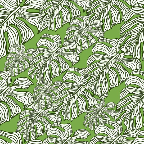 Decor hawaii αδιάλειπτη μοτίβο με τυχαία περίγραμμα monstera στολίδι φύλλων. Πράσινο φόντο. Διακοσμητικό φόντο για σχεδιασμό υφασμάτων, εκτύπωση υφασμάτων, περιτύλιγμα, κάλυμμα. Εικονογράφηση διανύσματος. - Διάνυσμα, εικόνα