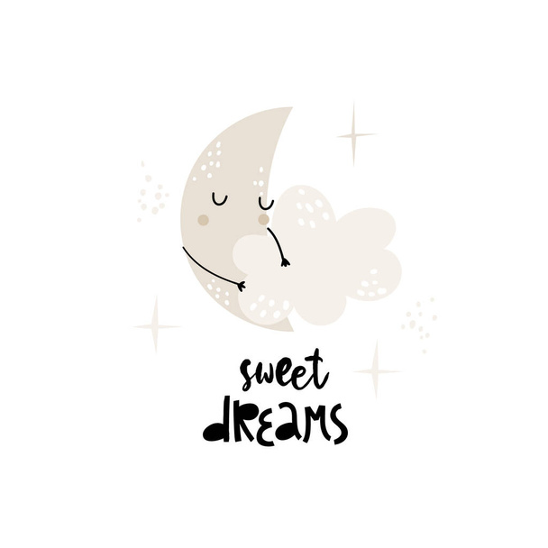 Παιδί διάνυσμα εικονογράφηση κινουμένων σχεδίων με χαριτωμένο φεγγάρι, σύννεφο και ζωγραφισμένα στο χέρι κείμενο. Όνειρα γλυκά. Το φεγγάρι αγκαλιάζει το σύννεφο. Ιδανικό για αφίσα, παιδικό δωμάτιο διακόσμηση, κάρτα, προσκλήσεις, print.Trendy σκανδιναβική εκτύπωση. - Διάνυσμα, εικόνα