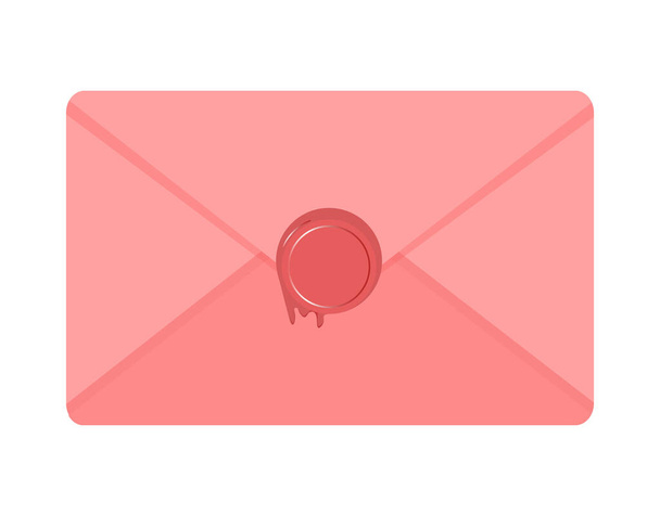 白の背景に隔離された赤いワックスシールスタンプベクトルイラストとピンクの封筒。かわいいラブレターメールでフラットスタイル - ベクター画像