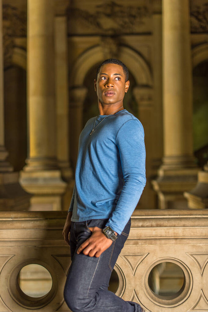 Ubierając się w jasnoniebieską koszulkę z długim rękawem, młody, przystojny czarny student stoi na korytarzu, z ufnością patrząc w przyszłość. - Zdjęcie, obraz