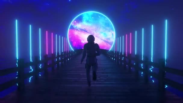 Astranaut biegnie wzdłuż niekończącego się drewnianego mostu przez ocean do swoich marzeń. Kosmiczny krąg z neonowym oświetleniem przed nami. Animacja 3D płynnej pętli - Materiał filmowy, wideo