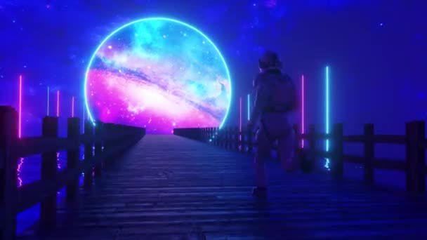 Astranauta corre a lo largo del interminable puente de madera a través del océano hasta su sueño. Círculo espacial con iluminación de neón por delante. Animación 3D de bucle sin costura - Metraje, vídeo