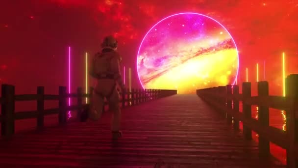 アストラヌートは夢のために海を渡る無限の木製の橋に沿って走ります。ネオンライトを前にした宇宙サークル。シームレスループの3Dアニメーション - 映像、動画