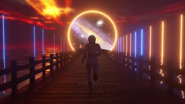 Ο Astranaut τρέχει κατά μήκος της ατελείωτης ξύλινης γέφυρας κατά μήκος του ωκεανού στο όνειρό του. Διαστημικός κύκλος με φωτισμό νέον μπροστά. 3D animation συνεχούς βρόχου - Πλάνα, βίντεο