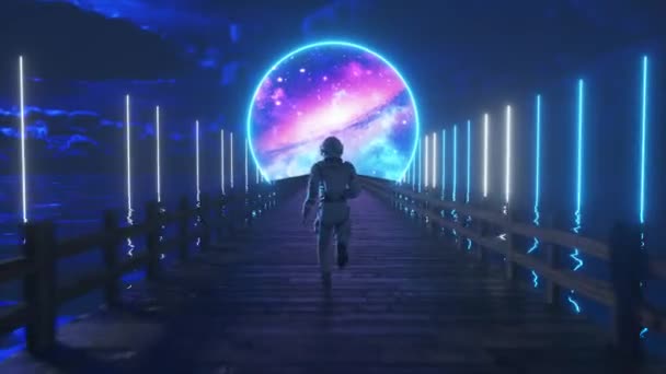 アストラヌートは夢のために海を渡る無限の木製の橋に沿って走ります。ネオンライトを前にした宇宙サークル。シームレスループの3Dアニメーション - 映像、動画