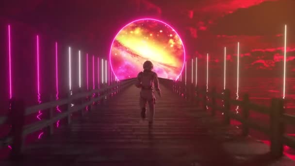 Astranaut biegnie wzdłuż niekończącego się drewnianego mostu przez ocean do swoich marzeń. Kosmiczny krąg z neonowym oświetleniem przed nami. Animacja 3D płynnej pętli - Materiał filmowy, wideo