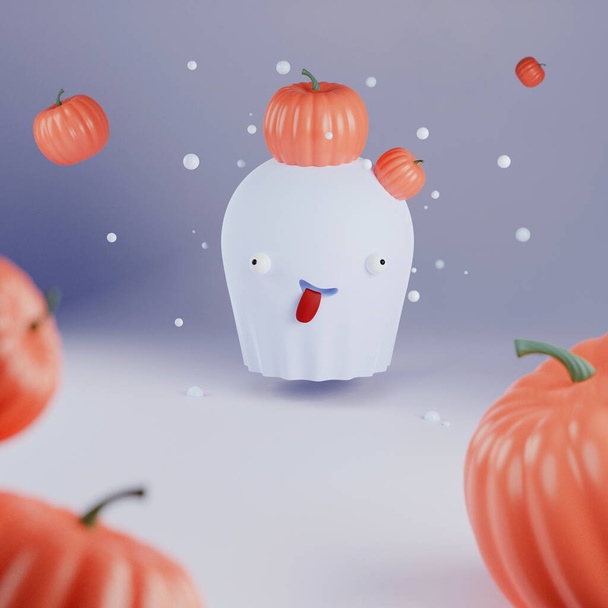 Funny cartoon ghost and a lot of pumpkins, concept on the theme of the holiday Halloween, 3D illustration, render - Photo, Image