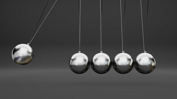 Cuna Newton con péndulo de equilibrio de bolas de metal plateado colgando de fondo aislado con sombras. 3d renderizar - Foto, imagen