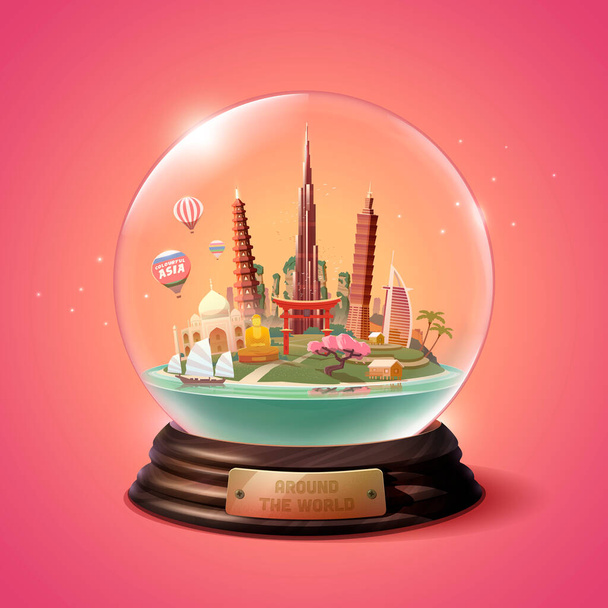 Travel to Asia. Road trip. Tourism. The glass ball with landmarks. Travelling vector illustration. Famous attractions. Modern flat design. Around the world. - Vector, Image