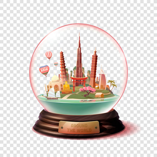 Travel to Asia. Road trip. Tourism. The glass ball with landmarks. Travelling vector illustration. Famous attractions. Modern flat design. Around the world. - Vector, Image