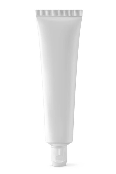Pasta de dientes blanca tubo realista 3d vector ilustración aislada. Maqueta de tubo cosmético en blanco de pie. Maqueta de diseño del paquete de cuidado de la salud. Plástico vacío - Vector, Imagen