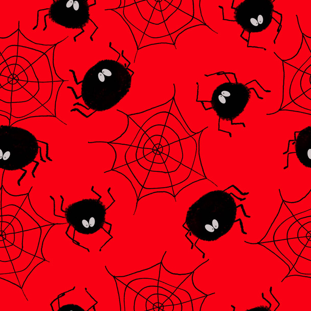 Seamless pattern with spiders. An illustration for a holiday, a party and invitations. Decoration for the interior. Printing for a T-shirt. A festive composition for fabric design. - Zdjęcie, obraz