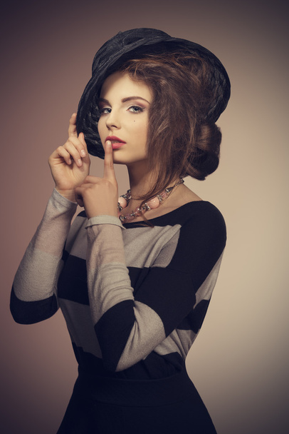 trendy girl with striped dress - Foto, Imagen