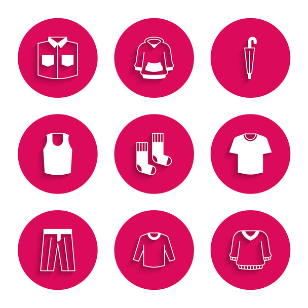 Çorap, kazak, tişört, pantolon, atlet, şemsiye ve tişört ikonu. Vektör - Vektör, Görsel