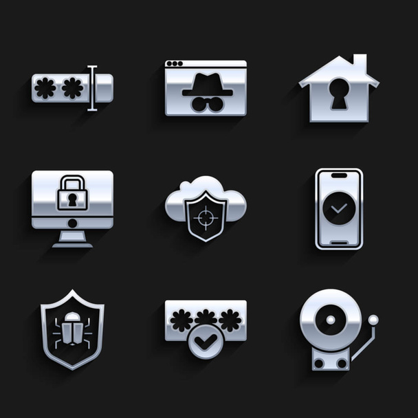 Set Cloud and shield, Password protection, Ringing alarm bell, Smartphone, System bug, Lock monitor, House under and icon. Vector - Vector, Image