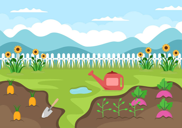 Farmářský zahradník pozadí vektorové ilustrace s krajinou zahrad, květin, zeleniny zasazené, kolečko, lopaty a zařízení v plochém stylu designu - Vektor, obrázek