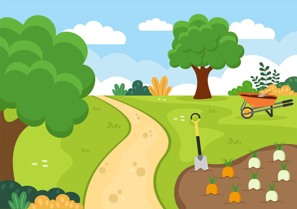 Farm Gardener Background Vector Illustration With A Landscape Of Gardens, Flowers, Vegetables Planted, Wheelbarrow, Shovel And Equipment in Flat Design Style - Vector, Image