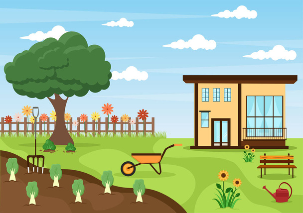 Farm Gardener Background Vector Illustration With A Landscape Of Gardens, Flowers, Vegetables Planted, Wheelbarrow, Shovel And Equipment in Flat Design Style - Vector, Image