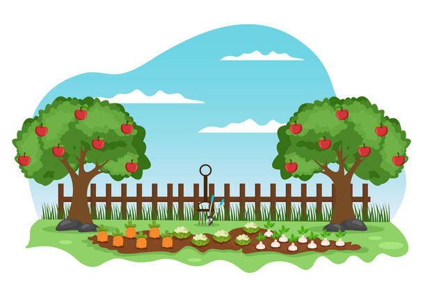 Ilustração do vetor do fundo do jardineiro da fazenda com uma paisagem dos jardins, flores, vegetais plantados, carrinho de mão, pá e equipamento no estilo liso do projeto - Vetor, Imagem